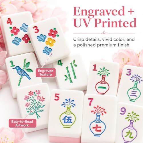 Set Americano de Mahjong con 166 Fichas Florales y Bolsa Rosa miniatura 5