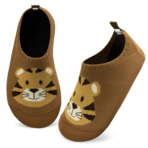 Kyopp Hausschuhe Kinder Junge Mädchen Pantoffeln Rutschfest Barfussschuhe Kindergarten Slippers für Atmungsaktive Weich Lauflernschuhe Kleinkinder Schuhe(Tiger-Curry 26/27EU)