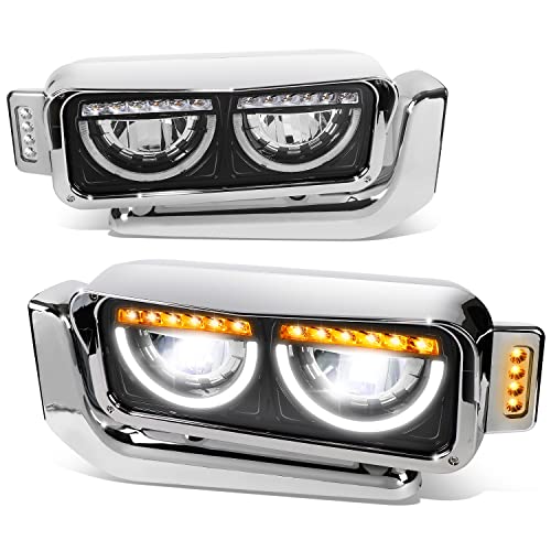 Auto Dynasty Full LED Headlight Assemblies Pair - Dual U-Halo DRL Lamps With Amber Turn Signal and Side Marker - Compatible With Peterbilt 359 379 389 1981-2021 Black Housing