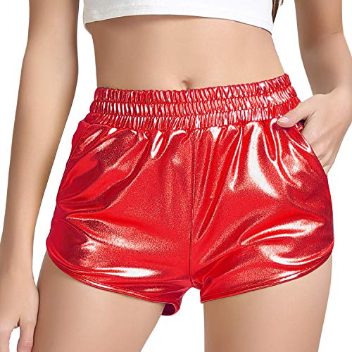 PESION Women's Metallic Shiny Short Sparkly Rave Hot Yoga Shorts Pants, Red Medium