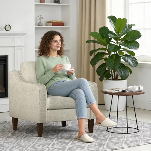 Image of FDW | Accent Chair | Upholstered Arm Chair | Spring Cushion High Density Foam | Durable Wood Legs | Mid-Century Modern Design | Fabric Beige | Living Room, Bedroom, Reading Room, or Apartment