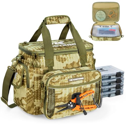 KastKing BaitSpace Fishing Tackle Bag With 4 Tackle Boxes & Removable Bait Binder Water-Resistant Tackle Storage Durable Fishing Gear Adjustable Shoulder Strap