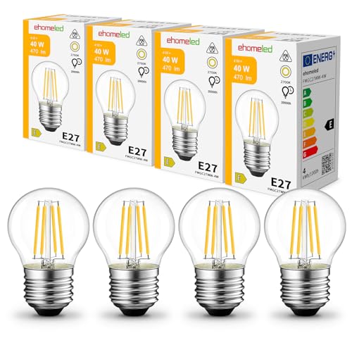 ehomeled E27 LED G45 Mini Glühbirne Warmweiß 2700K, Klares Glas & Retro-Filament, 470lm 4W (=40W), Vintage LED Lampe für Tisch- & Deckenleuchten, 4er-Pack