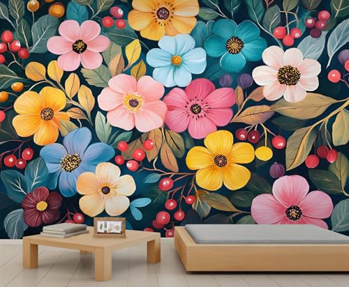 Colorful Flowers Wall Mural, Rustic Flowers 3D Wallpaper, Large Mural for Farmhouse Living Room Bedroom Sofa TV Background Decor - 169.3" W x 118.2" H