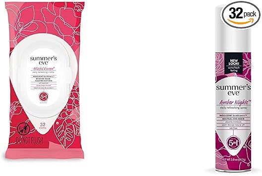 Summers Eve Blissful Escape Wipes 32 Count and Amber Nights Spray Feminine Care Bundle