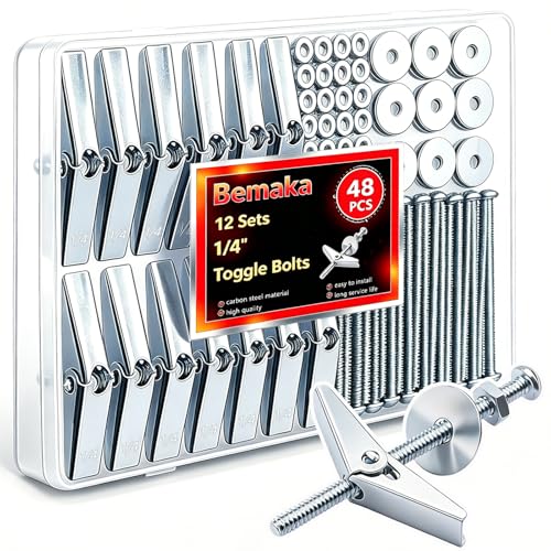 48Pcs 1/4 Inch Toggle Bolts, Butterfly Anchors Heavy Duty Drywall Anchors and Screws Kit, Toggle Bolts and Wing Nut Kit with Nuts Washers for Hollow Wall, Ceiling (12 Sets)