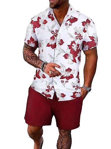 SHENHE Men's 2 Piece Outfits Short Sleeve Button Down Casual Shirt and Shorts Sets
