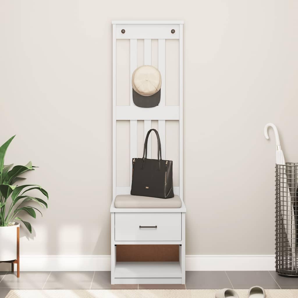 Perchero SANDNES blanco de madera de pino maciza, 45 x 40 x 159,5 cm, con espacio de almacenamiento, banco, cajón y compartimento abierto para pasillo, pasillo y entrada al orden