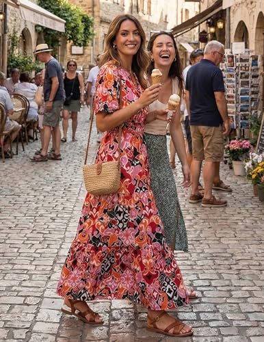 Image of ZESICA Women's 2026 Summer Spring Floral Boho Maxi Dresses Casual Short Sleeve V Neck A Line Flowy Beach Vacation Dress