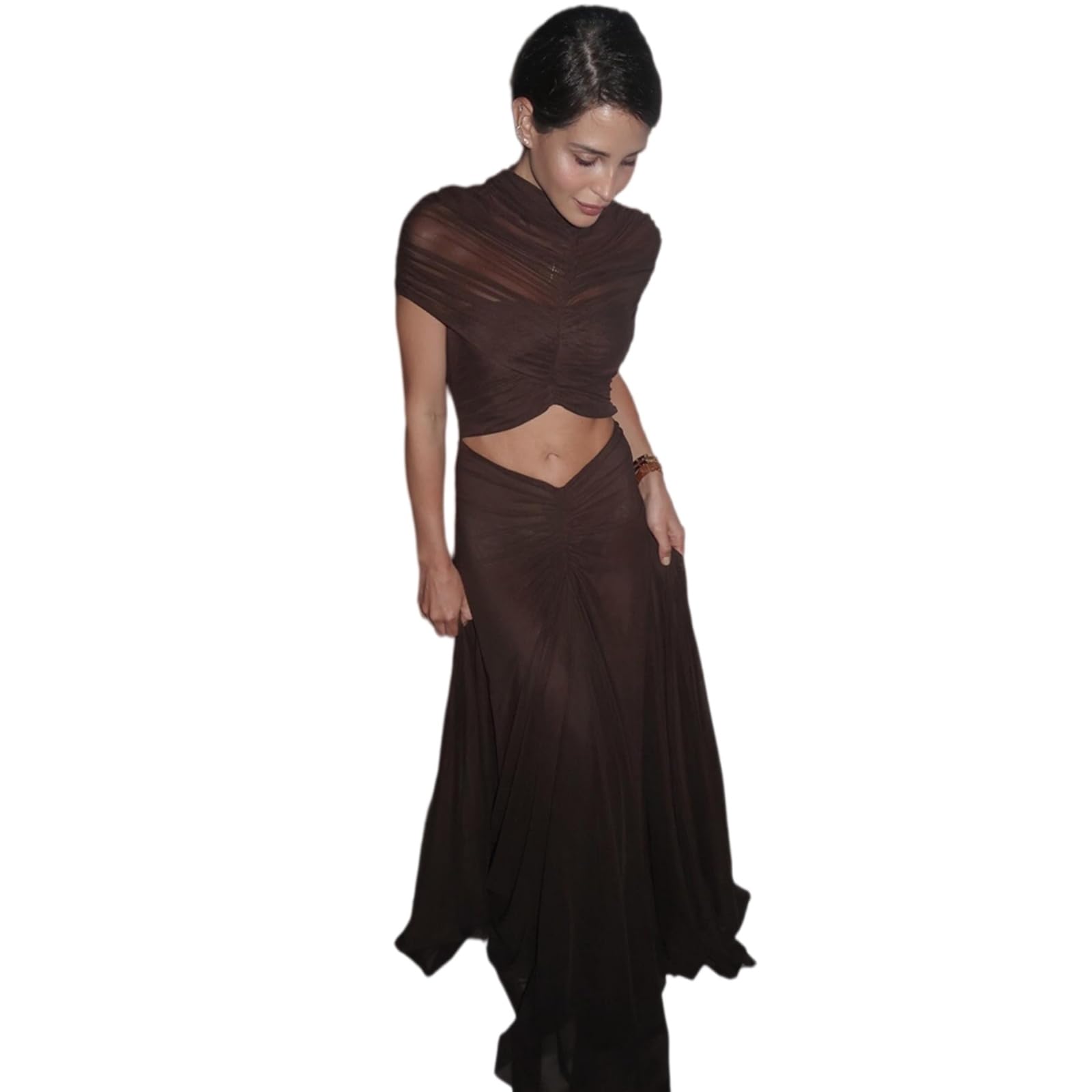 Vestito Sexy Donne Cave out Maxi Abito O Collo Manica Corta Ruched Alta Vita Bodycon Party Club Lungo Vestidos-Black-s