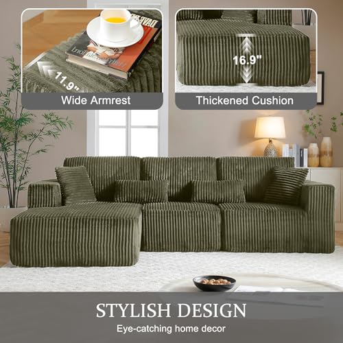 Image of 108 inch Boneless Cloud Sectional Couches for Living Room, Comfy Fluffy L Shaped Memory Foam Deep Seat Boneless Couch, Modular Sectional Sofa with Left Facing Chaise, Olive Green