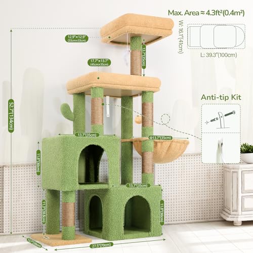 Image of Globlazer 52in Cactus Cat Tree Tower for Indoor Cats, 2 Condos, S52, Green | Multi-Level Plush House, 5 Sisal Scratching Posts, 2 Padded Top Perches, Big Metal Basket, Stable Enlarged Base