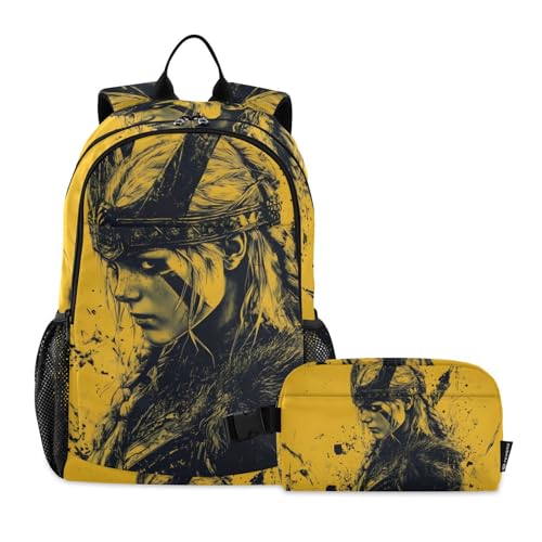 Backpack Lunch Bag Set for Travel Hiking Picnic, Viking Woman Portrait Print Backpacks with Insulated Lunch Box