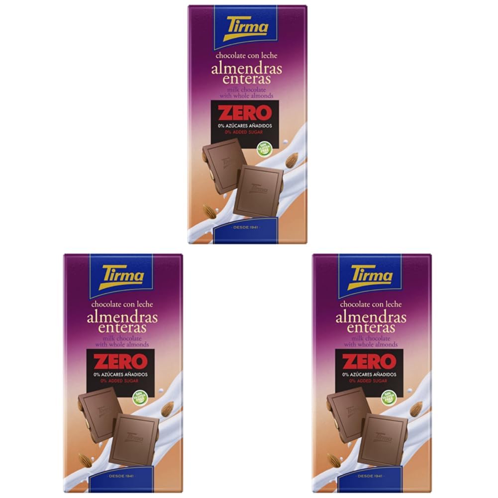 Zero No Added Sugars Milk Chocolate Bar with Whole Almonds 125g | Suitable for Diabetics | Vegetarian Snack | Gluten Free Chocolate | Natural Ingredients (Pack of 3)