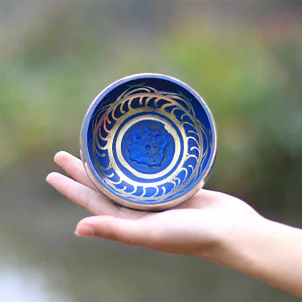 Set di campane tibetane fatte a mano, per meditazione con martello e cuscino, campana sonora buddista blu per relax e meditazione