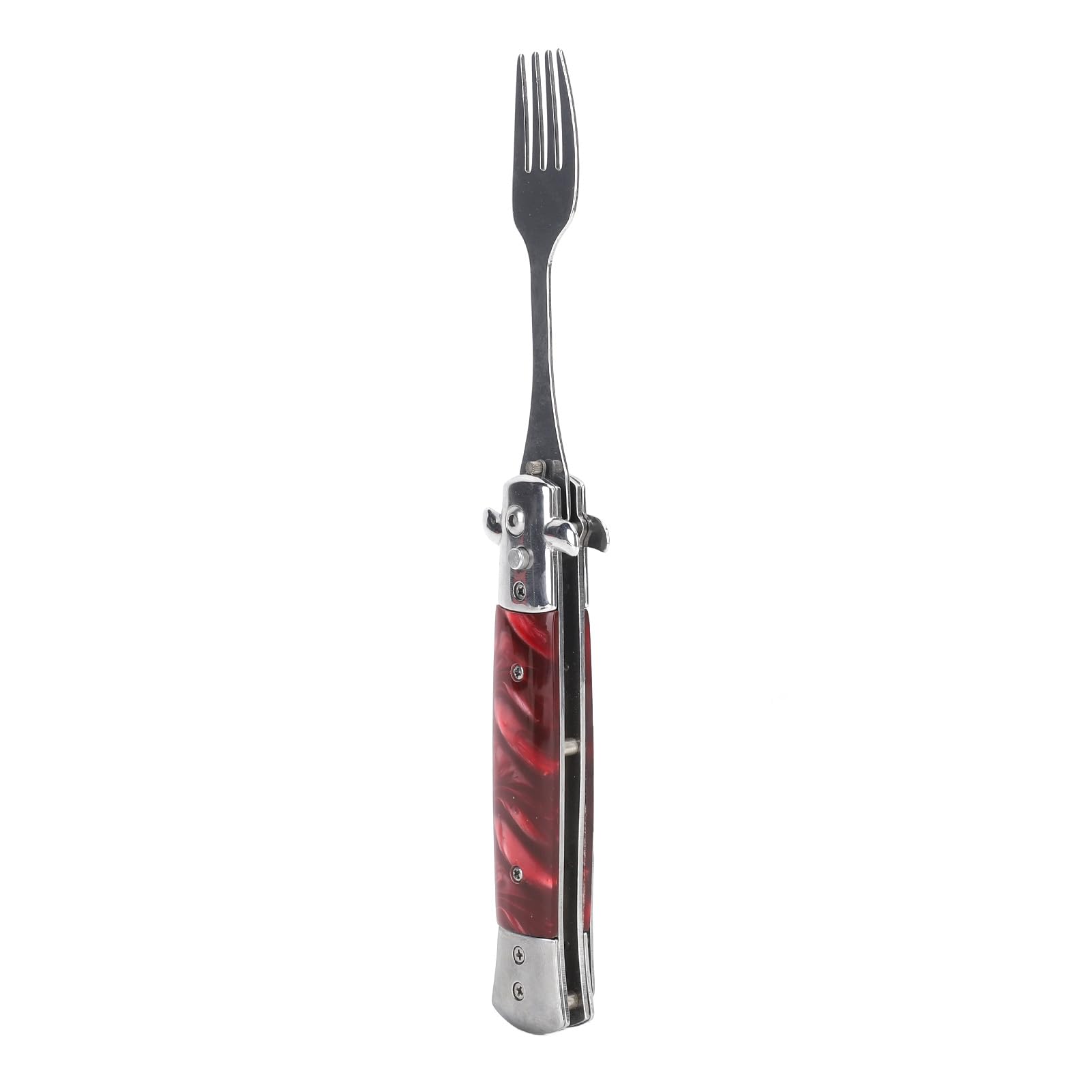 Folding Spring Camping Fork One Button Flick 304 Stainless Steel Pocket Size Automatic Spring Utensils Fork (Red)