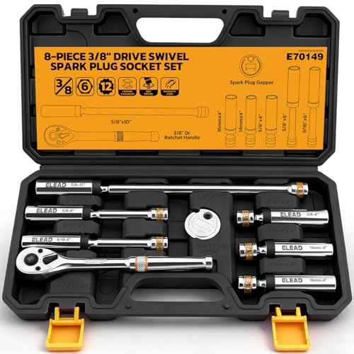 ELEAD 8-Piece 3/8 Drive Magnetic Swivel Spark Plug Socket Set 5/8 9/16 14mm 16mm Include Ratchet Handle & Spark Plug Gapper 6 & 12 Point CR-V Spark Plug Removal Tool