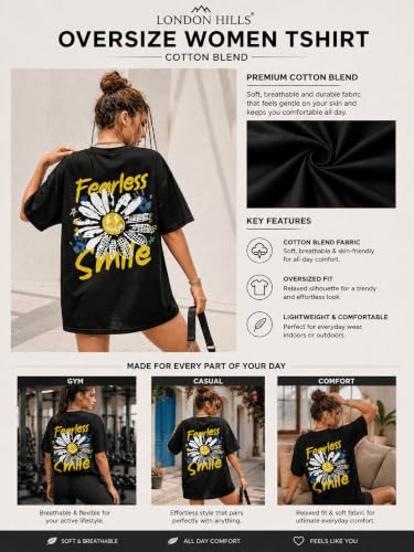 Image of London Hills Oversized Tshirt for Woman | t Shirt for Woman Oversized Fit Printed Round Neck | Tops for Woman's | Women t Shirt Loose Fit Drop Shoulder | t Shirts for Women | Western Tops