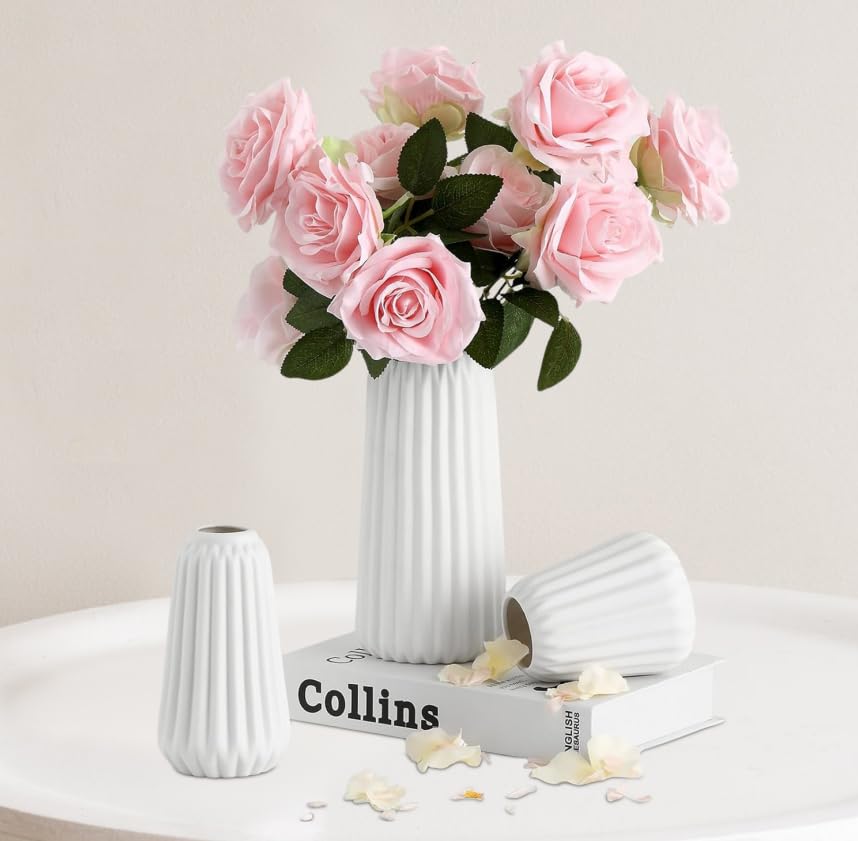 Dokeno Juego de 3 Jarron Ceramica, Jarrón de Cerámica Blanco, Jarrones Decorativos Modernos en Cerámica Blanca, Jarrones Deco para Hierba de la Pampa, para Sala de Estar, Dormitorio, Mesa de Cena