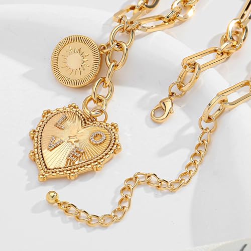 HETICA Chunky Gold Necklace for Women - Heart Gold Necklace Zirconia LOVE Pendant Necklace Round Sun Charm Necklace Fashion Short Necklace Gold Jewelry Necklace for Women4