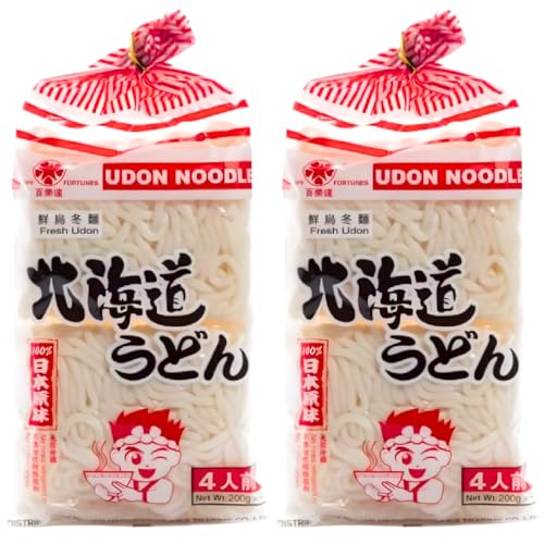 Fresh Udon Noodles 2 Conf. da 4x200g- Noodles Giapponesi Freschi, Pronti in 3 minuti - Ricetta Tradizionale Hokkaido - Ideale Per Zupper, Wok e Ramen - tot.1,6Kg Happy Fortune