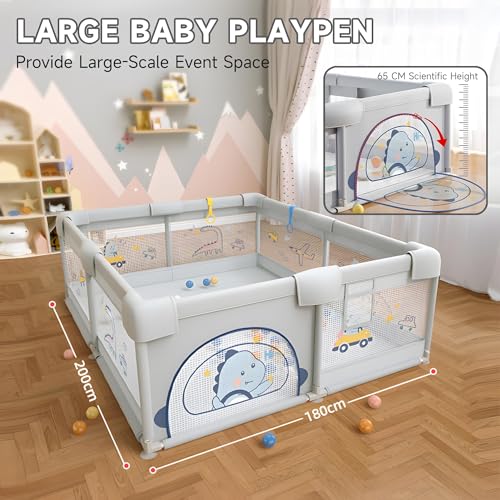 Baby Playpen, 200 x 180cm Playpen for Baby and Toddlers with 60 Ocean Balls, Basketball Hoop, 4 Pull Rings, Toddler Playpen Anti-Collision Foam Breathable Mesh Play Pens for Indoors-Dinosaur - Image 3
