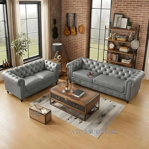 Image of A to Z Furniture Classic 3+2=5 Seater Sofa Set with Wooden leg's with Luxury Chesterfield Leatherette Sofa in for Home Living Room & Office (3+2 Light Grey)
