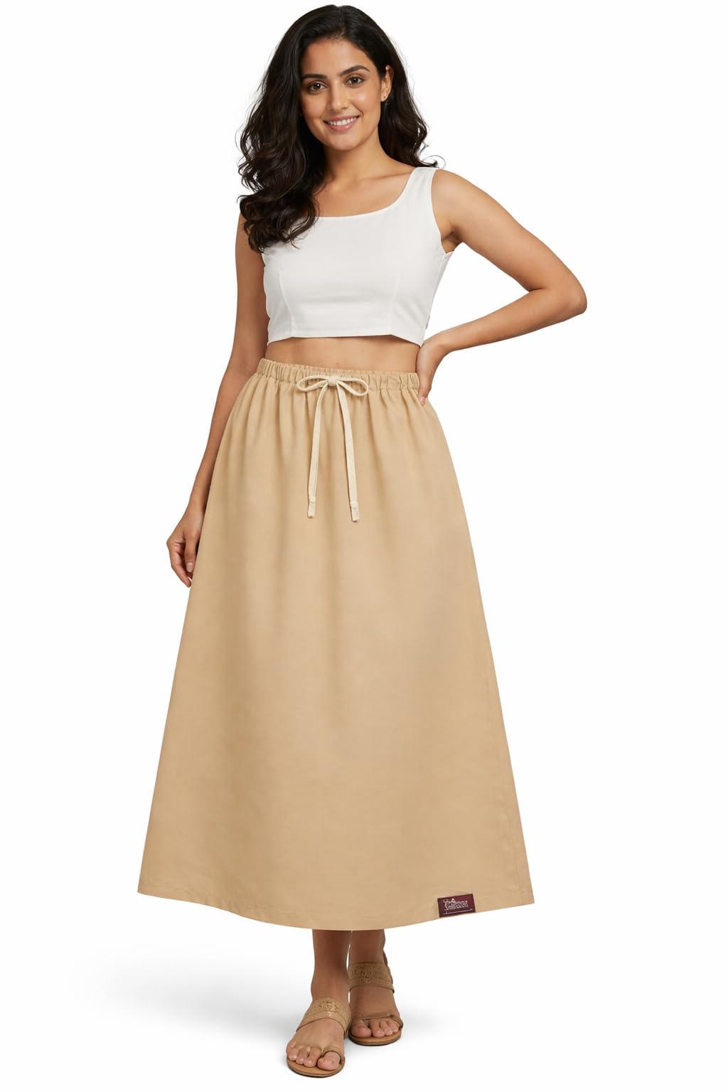 Women's Cotton Long Petticoat, Beige Ankle Length Underskirt with Elastic Waist-image-35