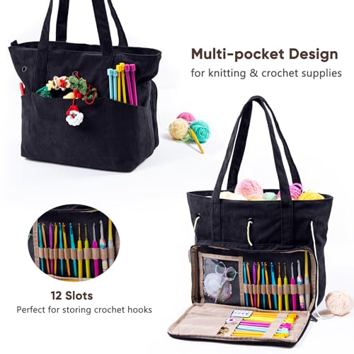Image of MYBAGZING Large Yarn Tote Organizer - Corduroy Knitting Storage Holder for Yarn, Hooks & Accessories, Portable Craft Carryall for Crocheting Lovers, Mother's Day Gift