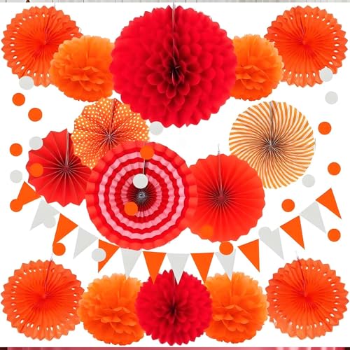 Image of XIKSXITN 12 pcs Orange Paper Pom Poms Decorations for Party in 2 Colors,Ceiling Hanging Tissue Paper Flowers Decorations (8&10&12 inch)
