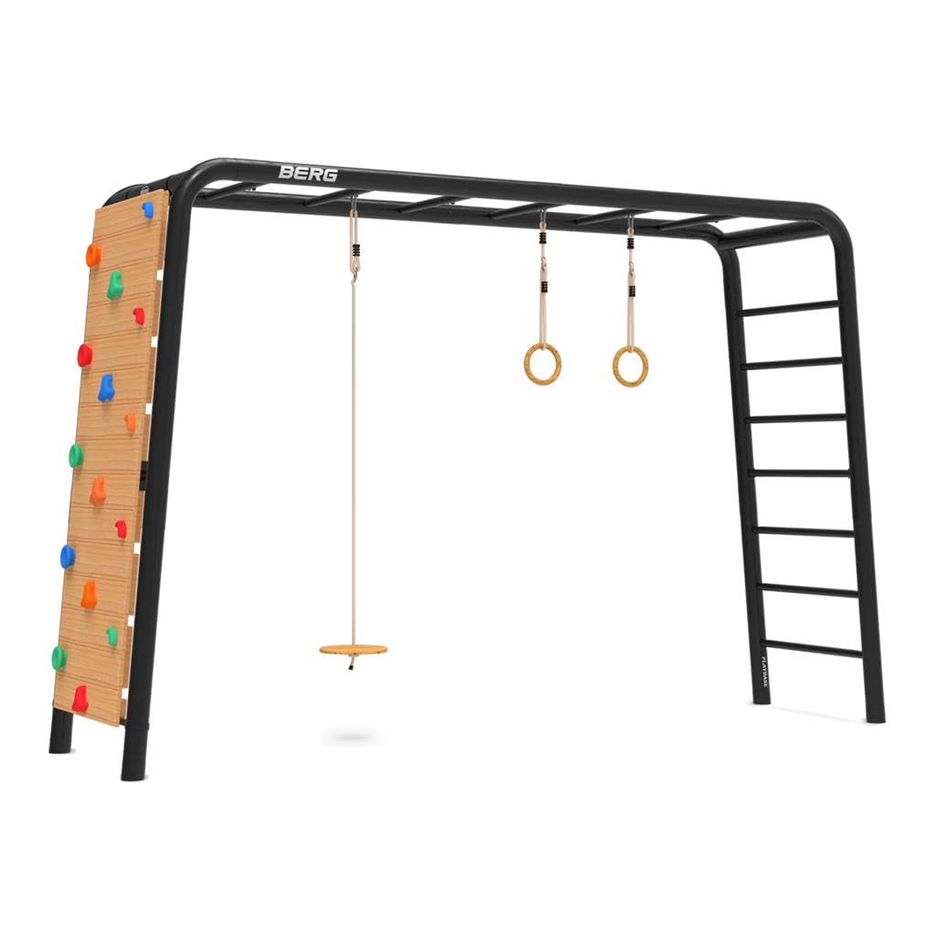 BERG PlayBase Large TL 3-in-1 mit Gestell, Leiter, Schaukelscheibe, Drehringe und Kletterwand, multifunktionaler Spielplatz für draußen