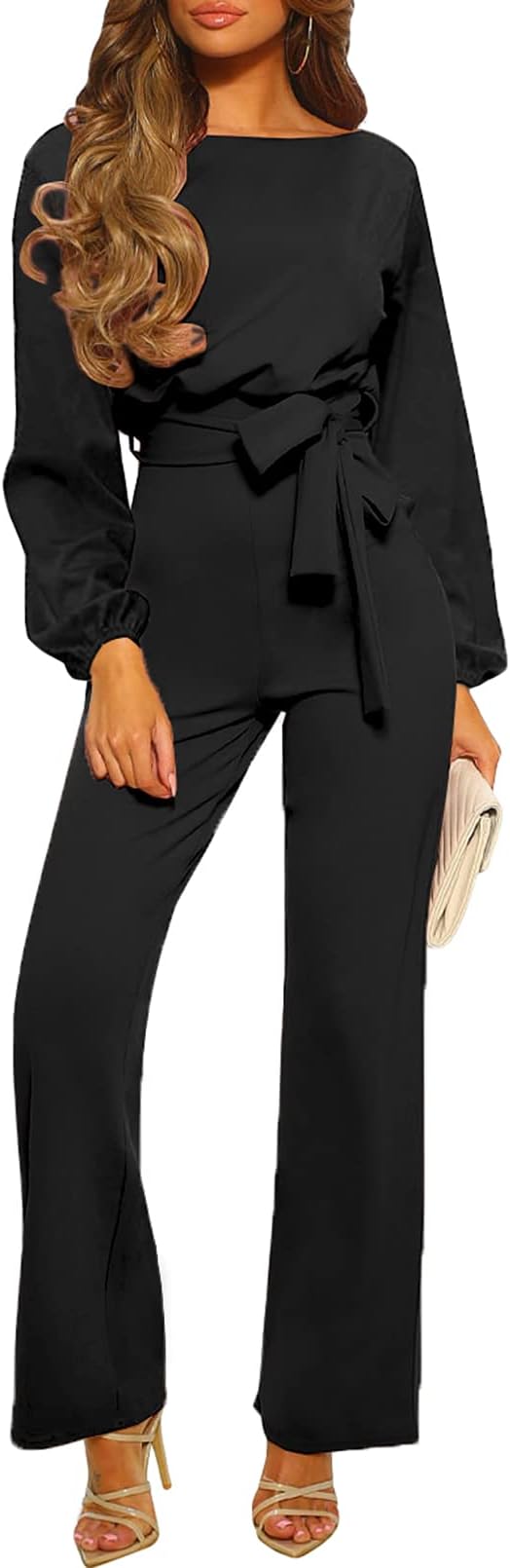 Happy SailedWomens Loose Short Sleeve Belted Wide Leg Pant Romper Jumpsuit Business Casual One Piece Outfits