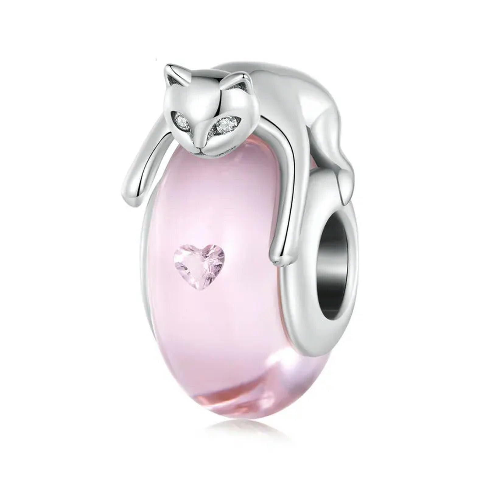 Bracciale Originale In Argento Sterling 925 Con Perline Di Vetro Rosa E Ciondolo A Forma Di Gatto In Argento Con Zirconi Cubici, Per Donna, Gioielleria Raffinata