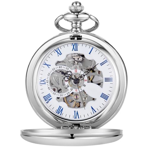 Image of Mens Pocket Watch Skeleton Mechanical Hand Winding Half Hunter Silver Black Golden Case Roman Numerals with Gift Box