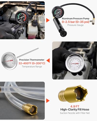 Image of VEVOR Coolant Pressure Tester Kit, 31Pcs Radiator Vacuum Refill Kit with 3 Metal Adapters, Universal Fit, Automotive Cooling System Pressure Tester Tool, with Pressures Pump & Aluminum-Plastic Filler