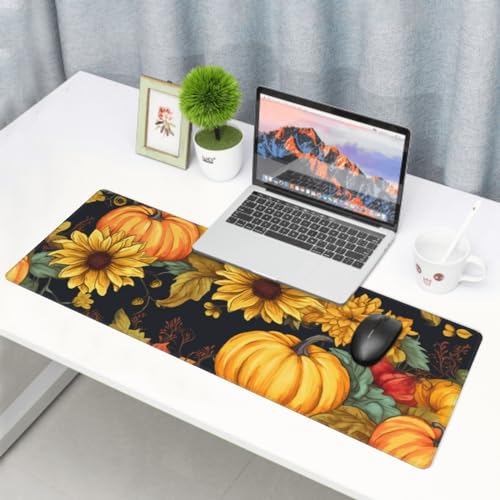 Image of Fall Pumpkin Sunflower Mouse Pad 31.5x11.8 XL Watercolor Autumn Leaf Floral Extended Mousepad Large Keyboard Mouse Mat Desk Pad with Non-Slip Rubber Base Stitched Edges for Home Office Game