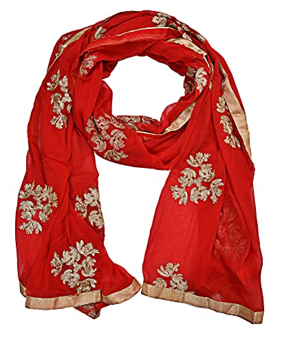 Image of Youthquake Golden Embroidered Work Chiffon Dupatta For Womens & Girls With 4 Side Gold Lace
