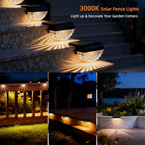 Solar Fence Lights, 6 Pack Shell Style Solar Lights Outdoor Garden, Warm White, Waterproof, 2 Installation Ways, Outdoor Lights Solar Powered for Steps, Pathway, Fence & Wall - Image 5