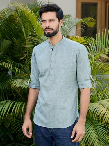 Image of See Designs Men's Roll-Up Sleeve Mandarin Collar Deluxe Cotton Solid Short Kurta (Pack of 2) - Festive Collection