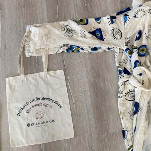 Turkish Cotton Hooded Bathrobe for Women & Men, Handmade Evil Eye Patterns, Lightweight. with Tote Bag.2
