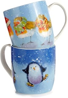Puckator Jan Pashley Christmas Robin & Skating Penguin Set of 2 Porcelain Mugs Coffee Tea Cups, Food Dishwasher & Microwave Safe, Home Office Work, Multicolour