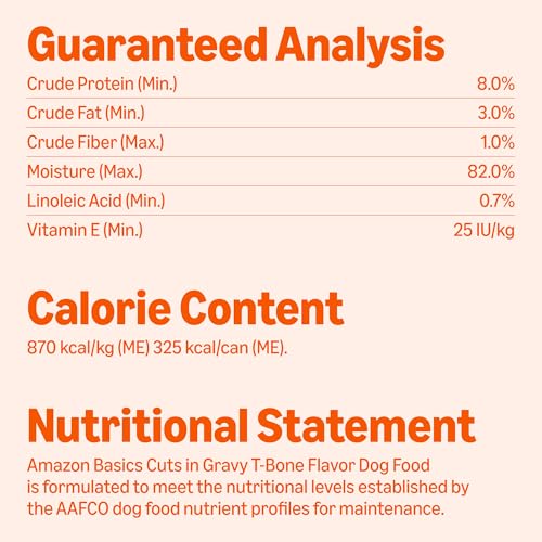 Image of Amazon Basics Wet Dog Food, Cuts in Gravy, T-Bone Flavor, Made with Real Chicken and Beef, 13.2 oz can (Pack of 12)