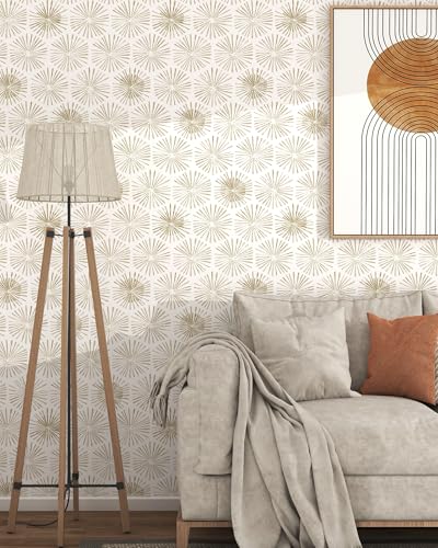 Image of Modern Peel and Stick Wallpaper Boho Self Adhesive Wallpaper Peel and Stick Geometric Contact Paper White and Beige Wall Paper Removable Wallpapers 17.3''x78.8'' for Bedroom Bathroom Cabinets Decor
