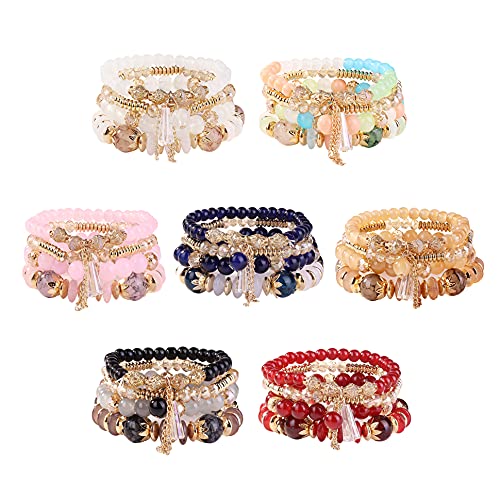 YADOCA 7 Sets Bohemian Stackable Beaded Bracelets for Women Men Boho Stretch Multilayered Bead Bangles Bracelet Set with Charm Multicolor Statement Jewelry