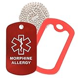 Morphine Medical Alert ID Necklace with Red Tag, Red Silencer, and 30'' USA Chain - 154 Color Choices