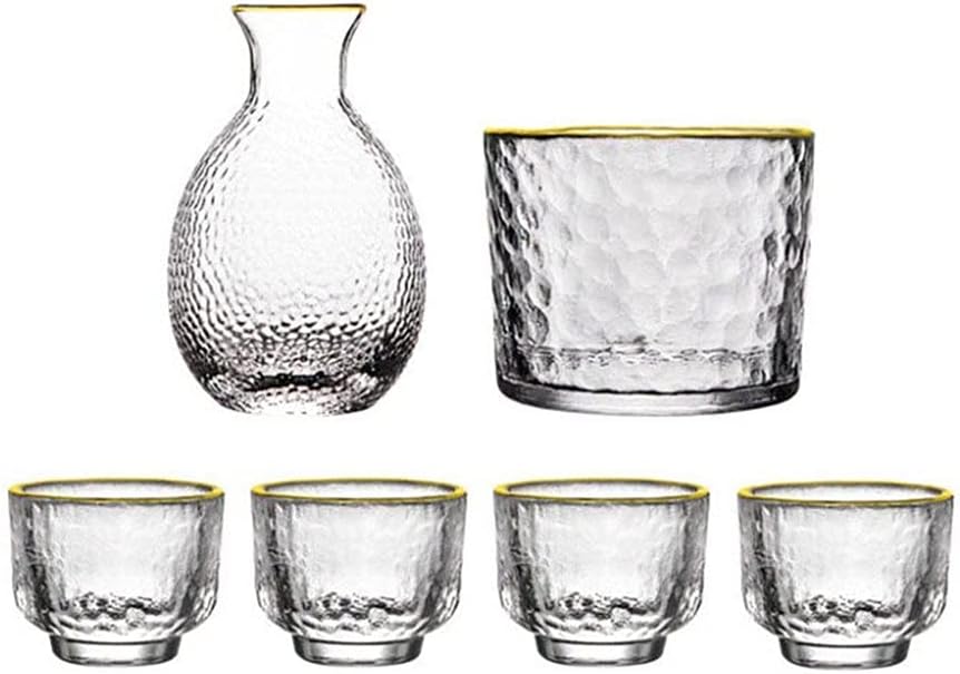 Sake Set Hammer Pattern Glass Gold Rimmed Cup Wine Warmer Korean Soju Cup Tequila Pot Whisky Cup Domestic Wine(C)