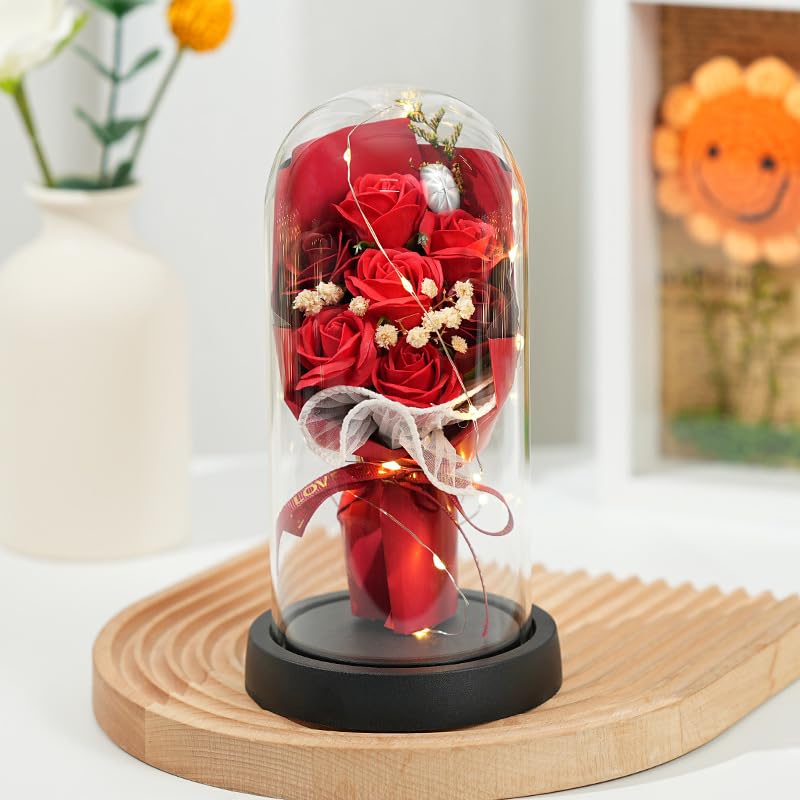 zCloud Flowers Fresh Bouquet,7 Eternal Roses in Glass Dome with LED Lights Luxury Artificial Flower Gift for Women Wife Mum Birthday Valentine's Day Anniversary Wedding Home Decor (Red)