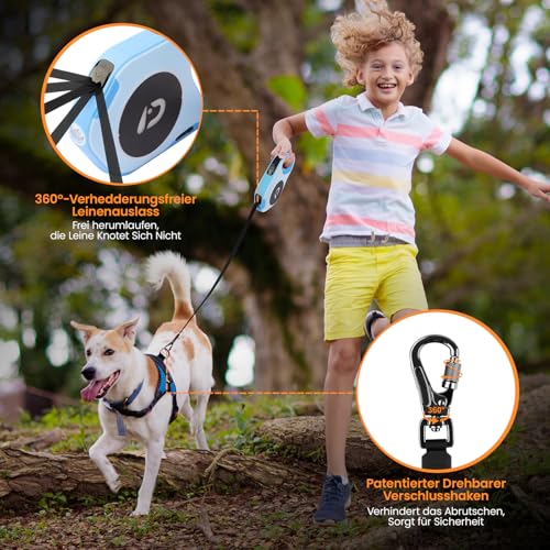DAISTERN von BSWAY Hundeleine mit LED Licht 5m Ausziehbar, Wiederaufladbar über USB‑C, Einhand-Bremse, Anti-Verheddern für kleine & große Hunde bis 40KG