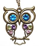  Kette Modeschmuck Eule mit bunten Strasssteinen Farbe Altgold