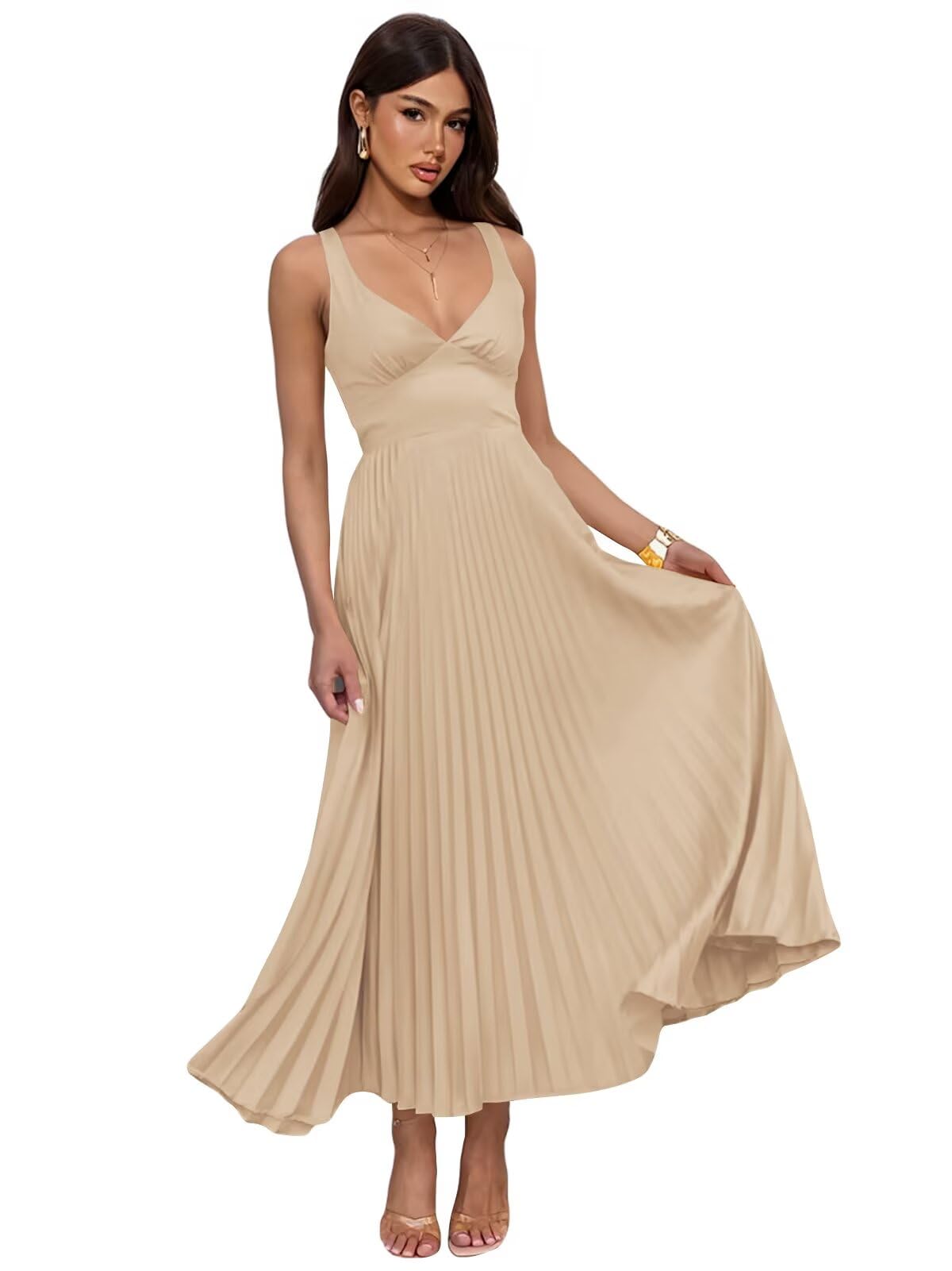 Pleated Satin Wedding Guest Dress 2025 V Neck Backless Formal Midi Bridesmaid Dresses for Women